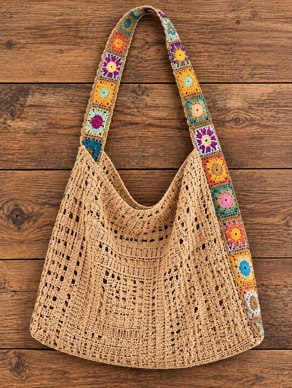 Boho Crochet Hobo Bag Floral Granny Square Shoulder Tote Beige Multicolor #9